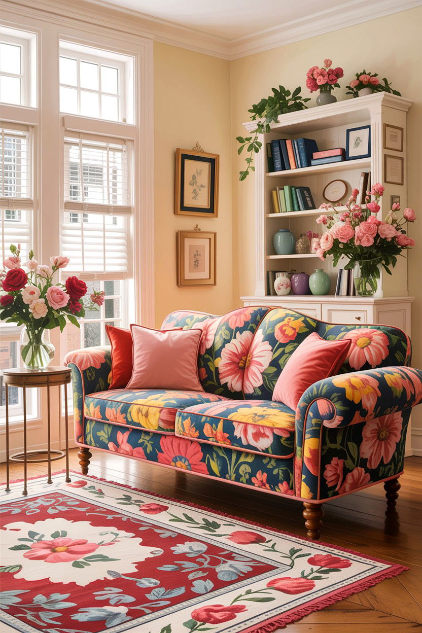 Floral sofa - 30 garden themed living room ideas