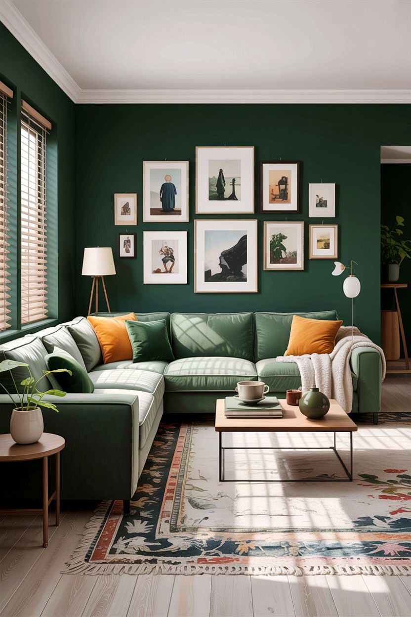 Forest green accent wall - 30 forest green living room ideas