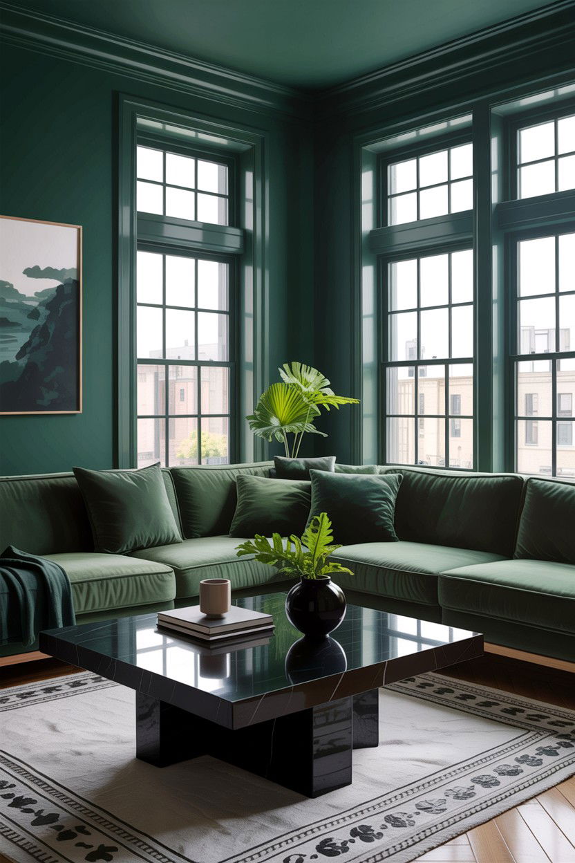 Forest green and black accents - 30 forest green living room ideas