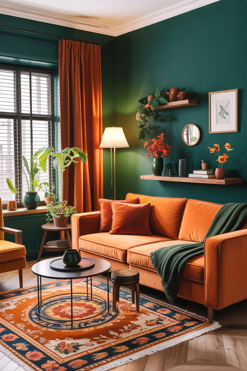 Forest green and burnt orange - 30 forest green living room ideas