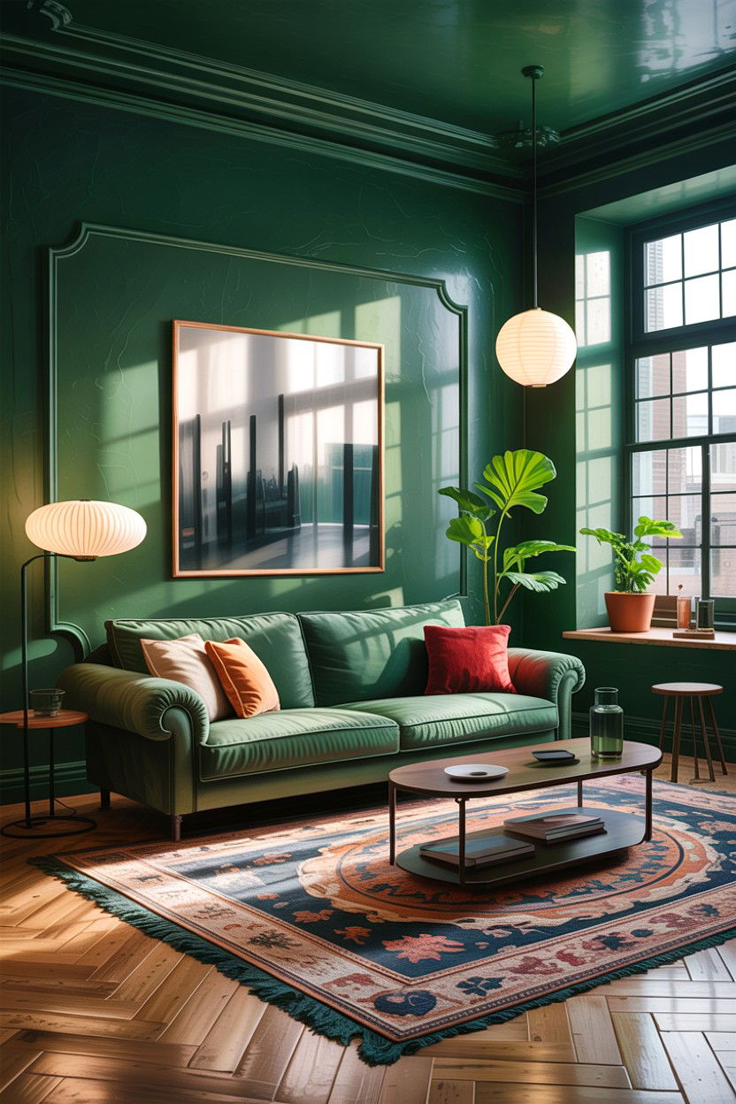Forest green and concrete textures - 30 forest green living room ideas