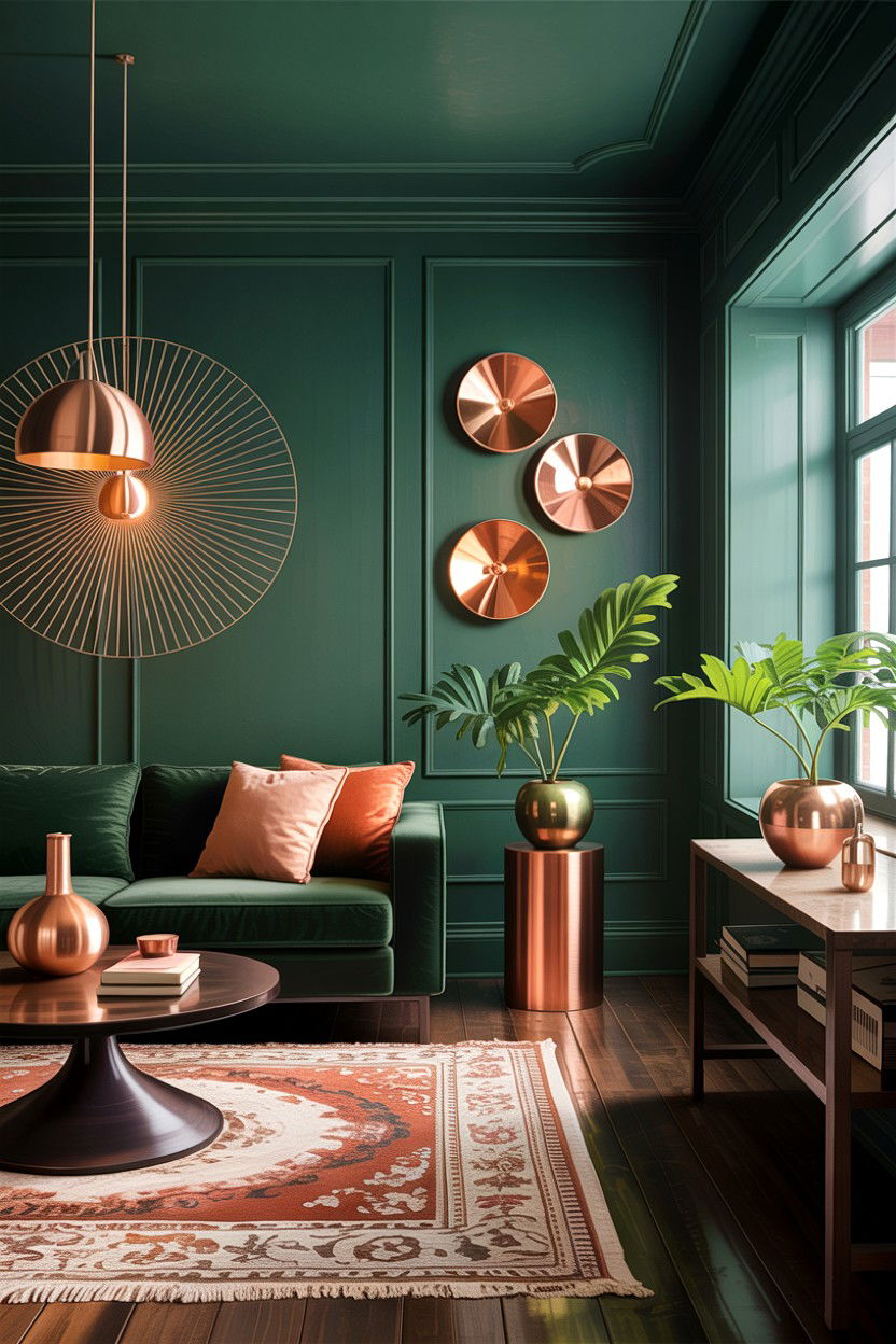 Forest green and copper accents - 30 forest green living room ideas