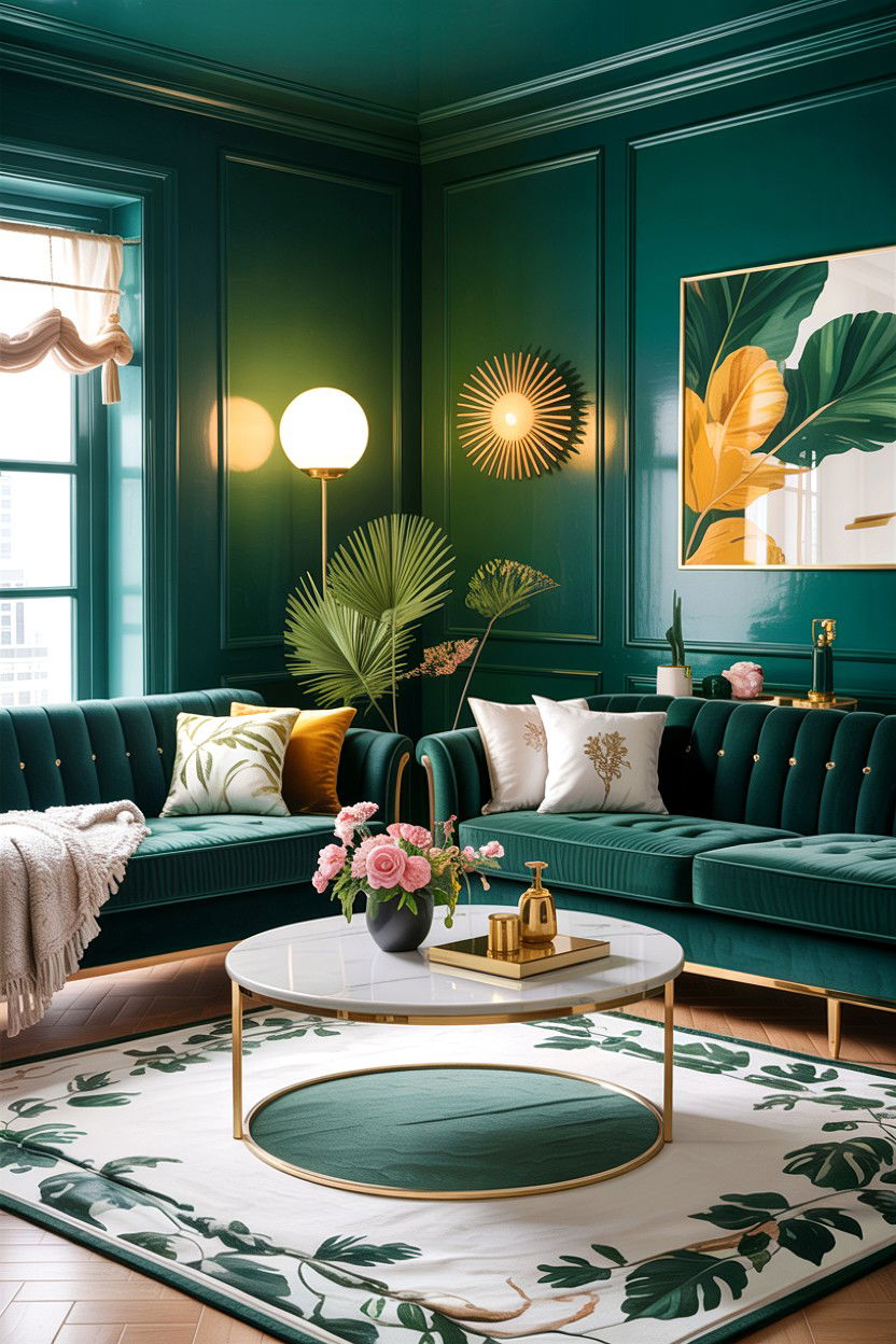 Forest green and marble accents - 30 forest green living room ideas