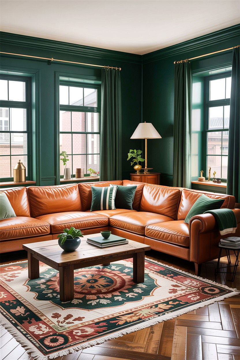 Forest green and tan leather - 30 forest green living room ideas