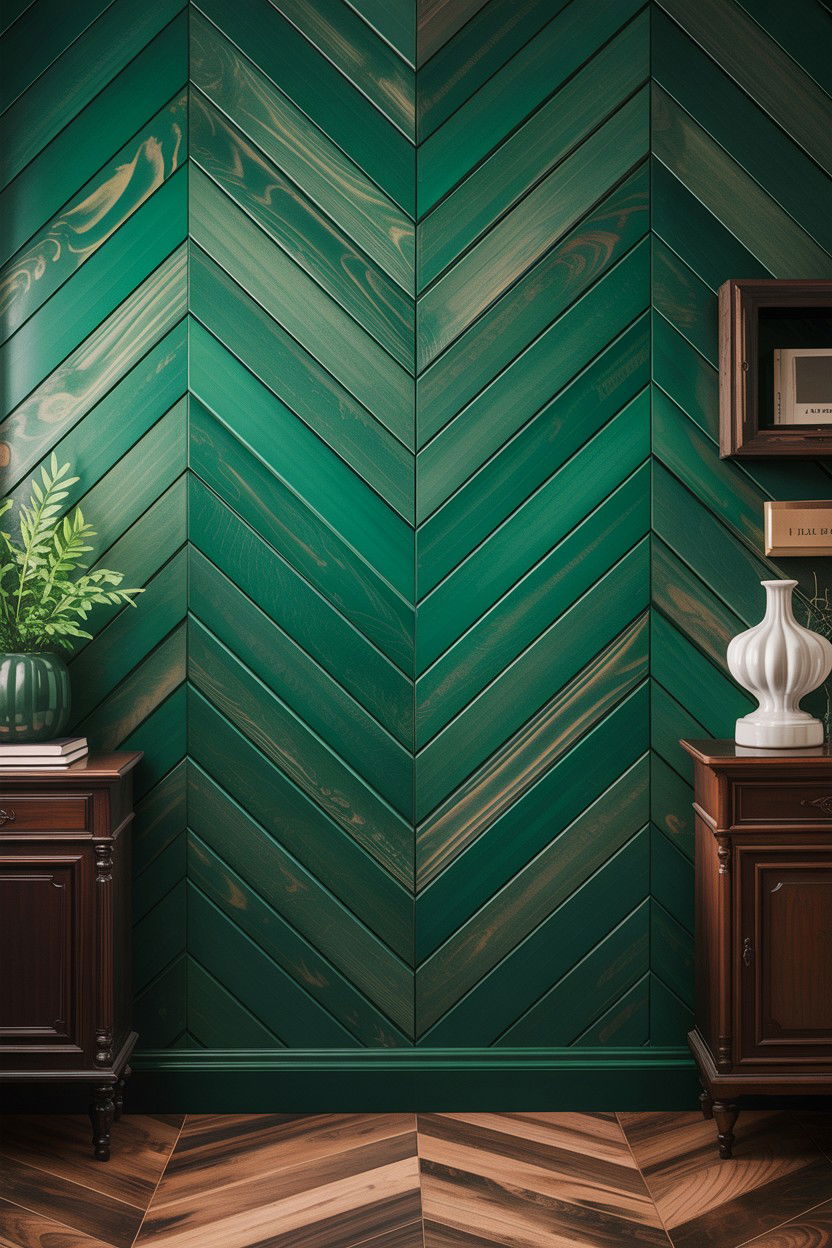 Forest green herringbone wall - 30 bedroom herringbone wall ideas