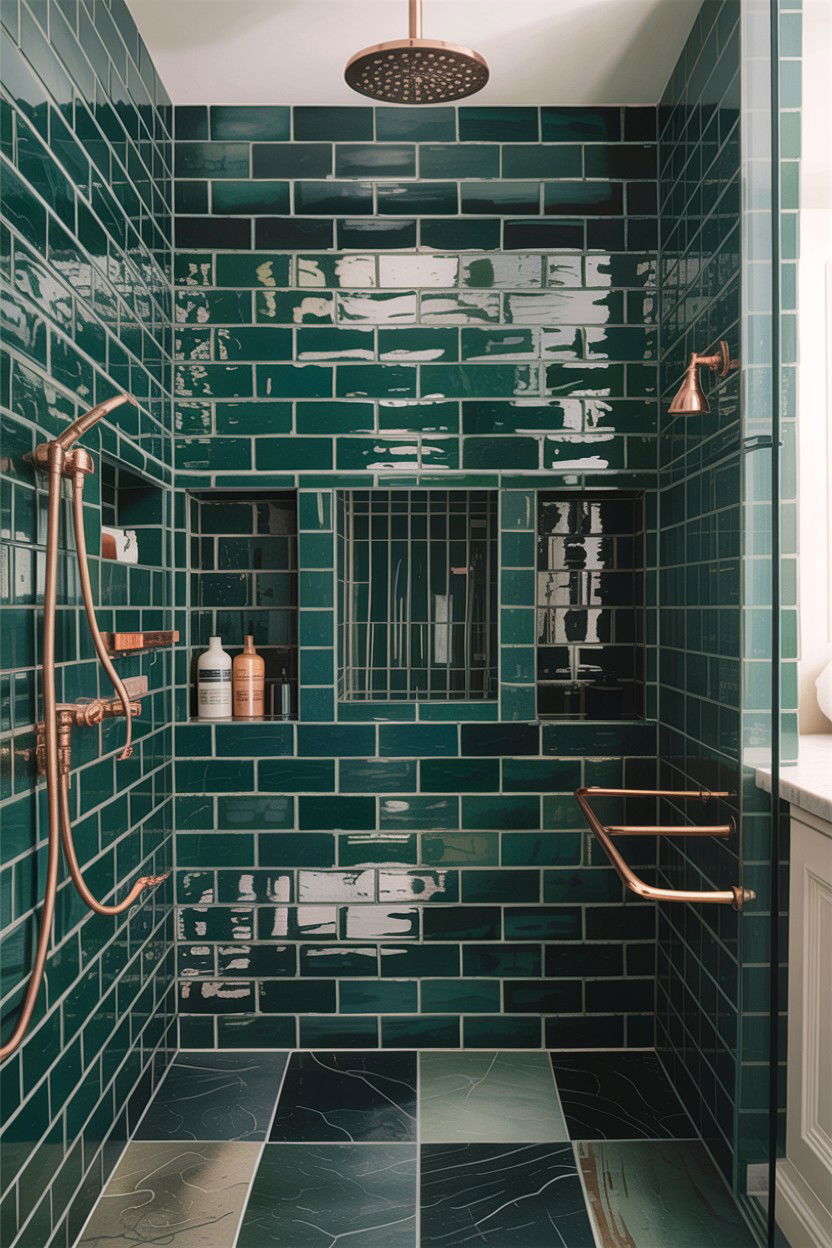 Forest green subway tile shower - 30 colored subway tile bathroom ideas