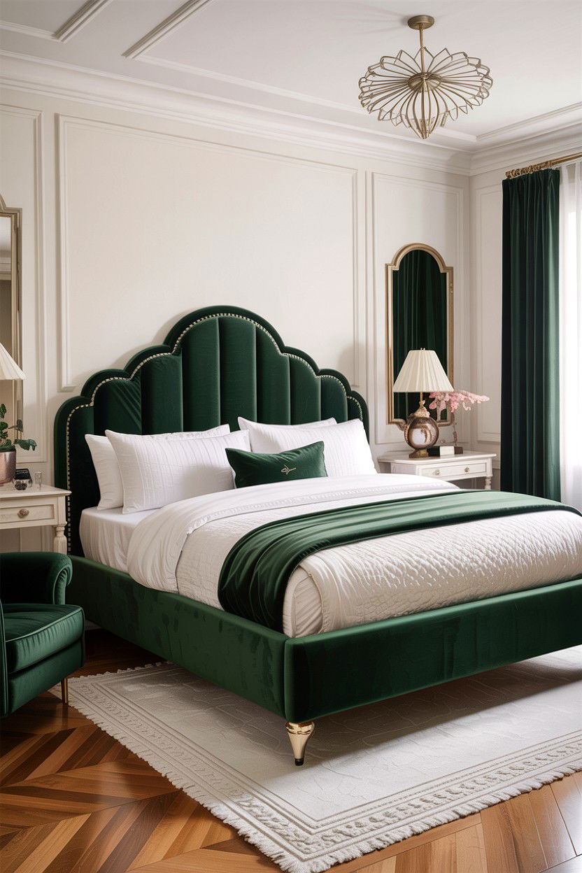 Forest green velvet bed - 30 green and white bedroom ideas