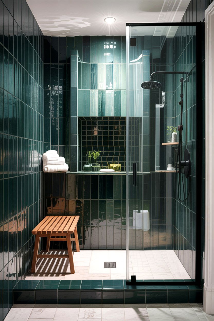 Forest green walk in shower - 30 green bathroom ideas