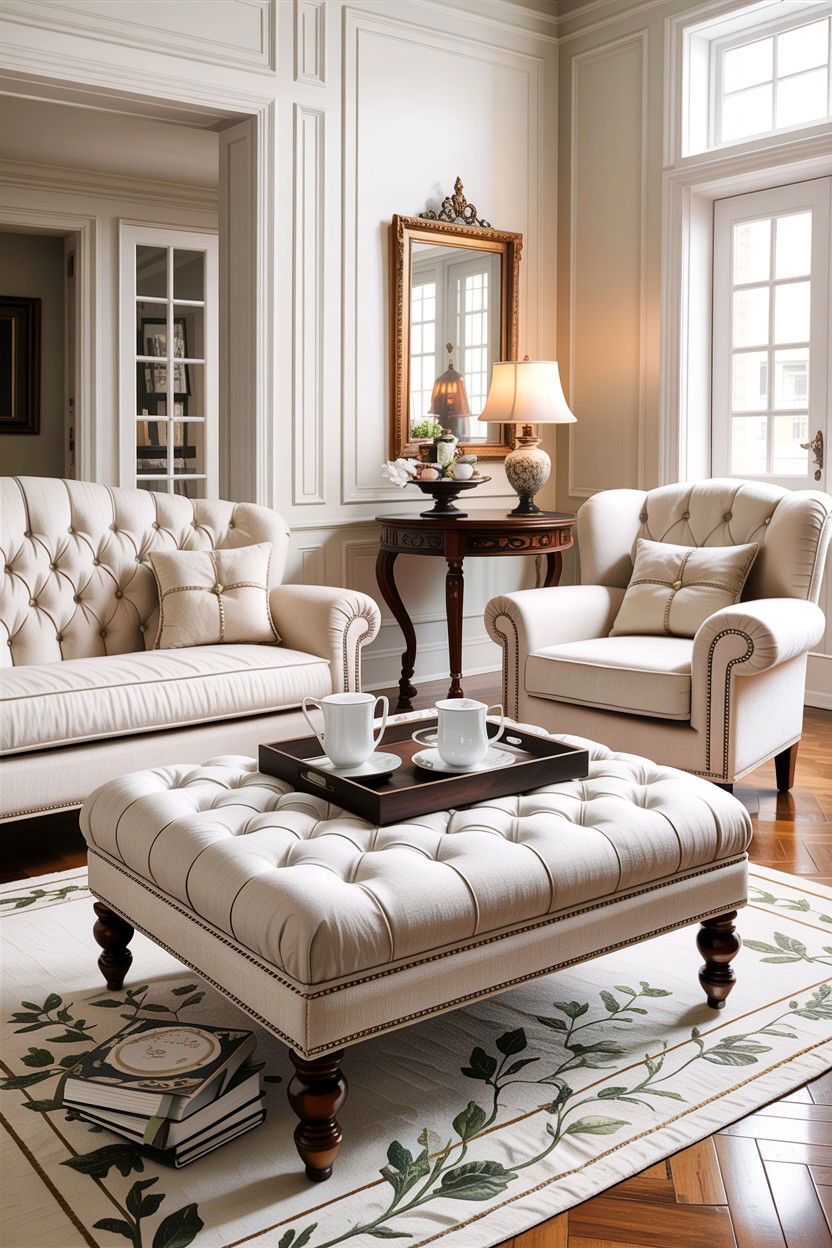 Formal White Living Room With Tufted Ottoman - 30 traditional white living room ideas