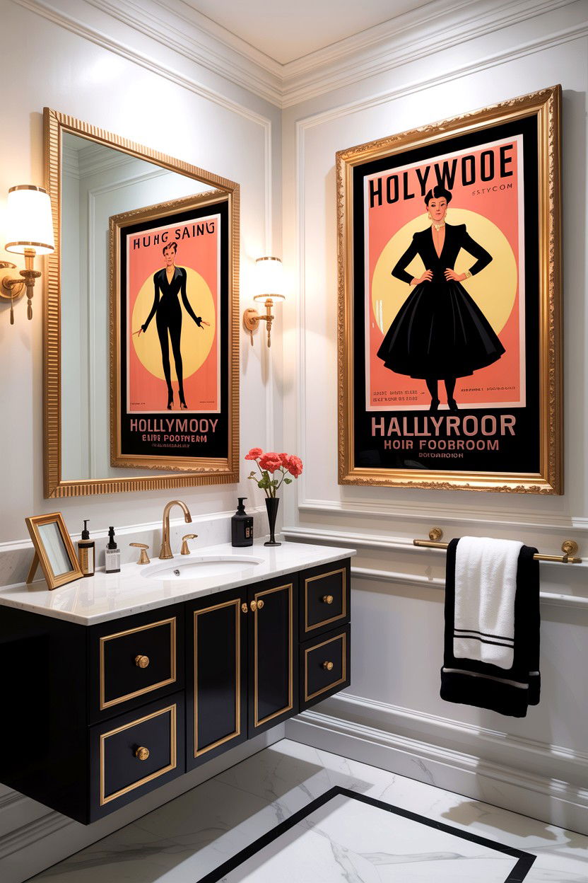 Framed vintage fashion posters - 30 Hollywood regency bathroom ideas