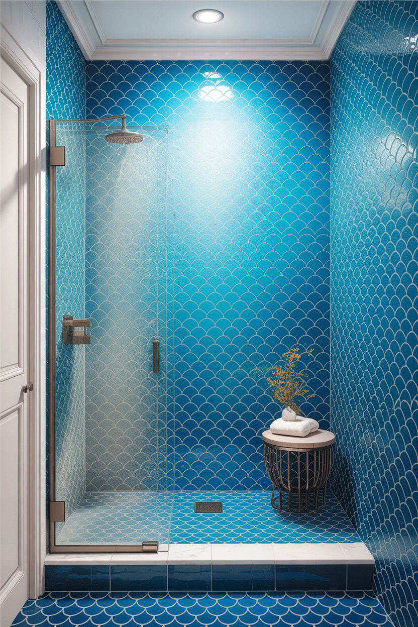 Frameless glass shower fish scale tile - 30 fish scale tile bathroom ideas