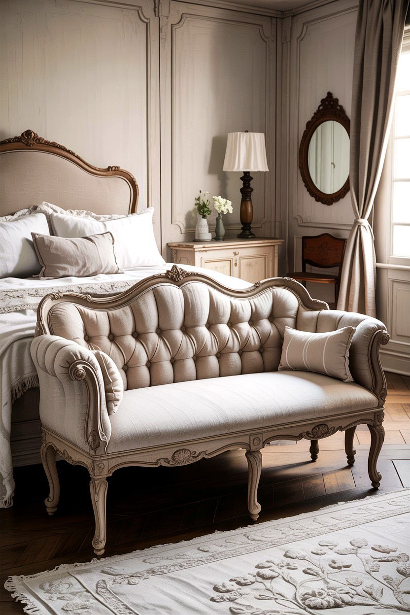 French Country Bench - 30 French shabby chic bedroom ideas