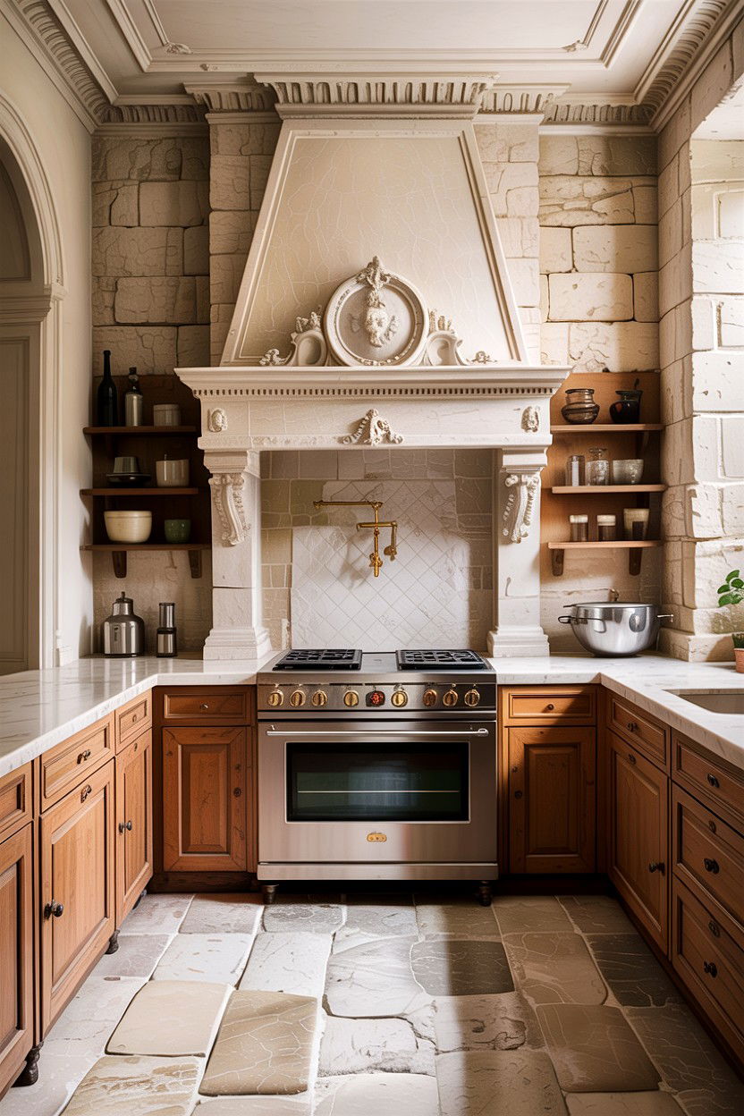 French limestone wall - 30 stone kitchen ideas