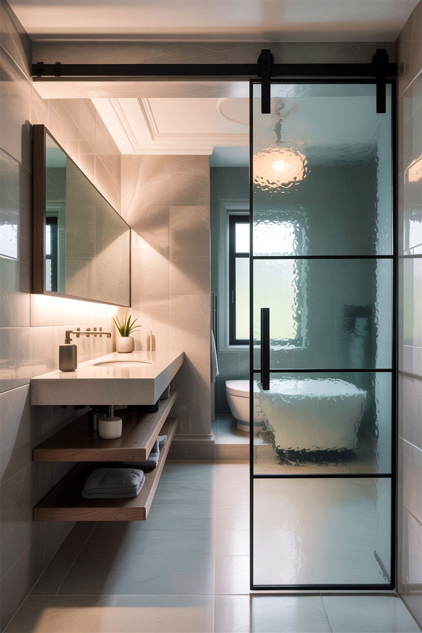 Frosted glass barn door - 30 bathroom barn door ideas