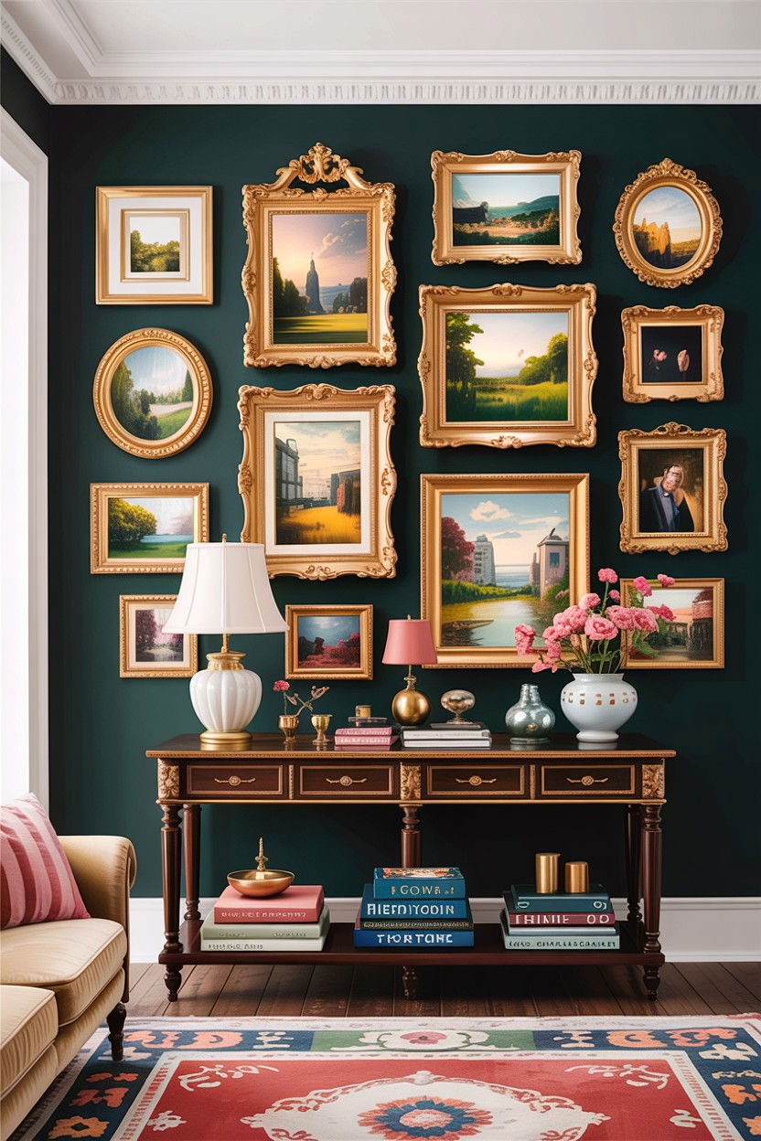 Gallery wall with gold frames - 30 grandmillennial living room ideas
