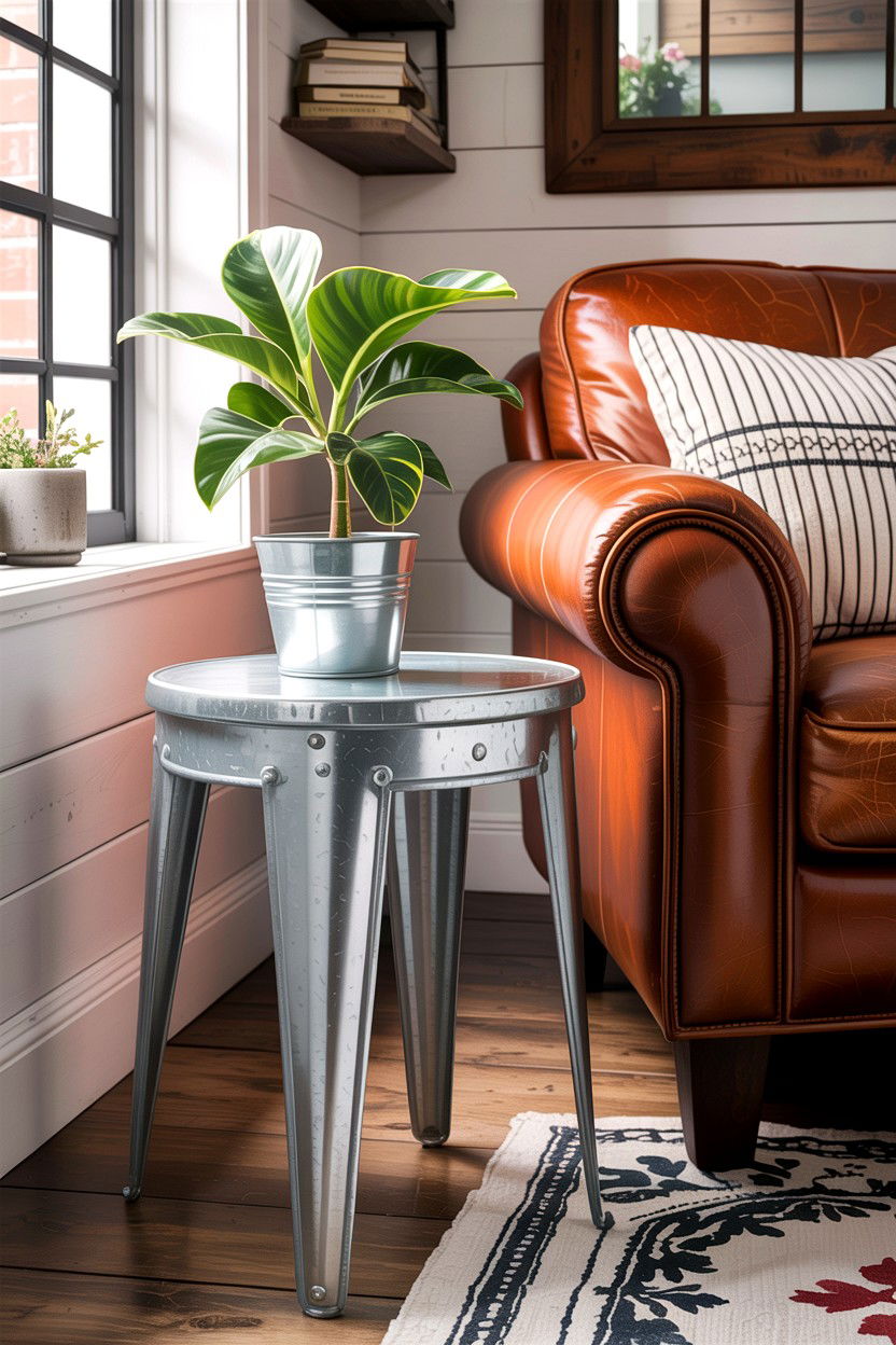 Galvanized Metal End Table - 30 living room farmhouse furniture ideas