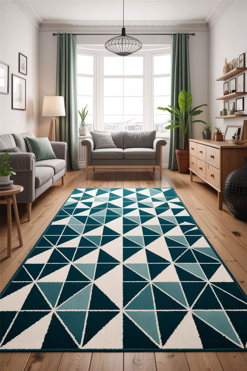 Geometric Teal Pattern Rug - 30 scandinavian teal living room ideas