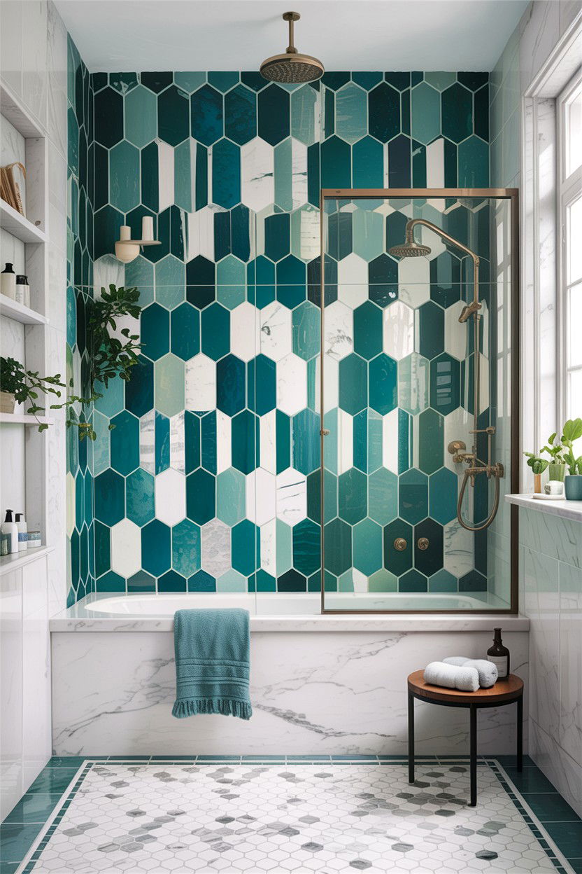 Geometric Teal White Bathroom Tile - 30 teal and white bathroom ideas