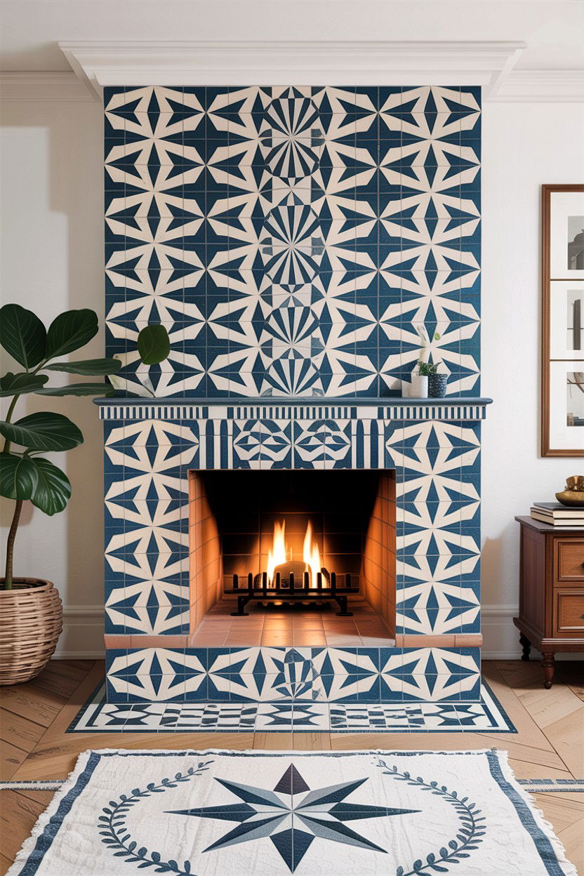 Geometric Tile Pattern - 30 living room fireplace surround ideas