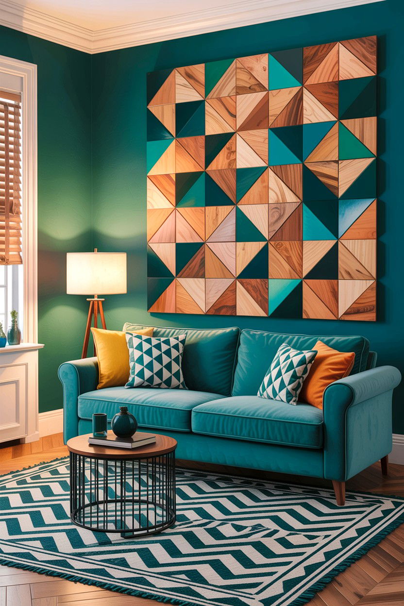 Geometric Wood Wall Art - 30 living room custom woodwork ideas