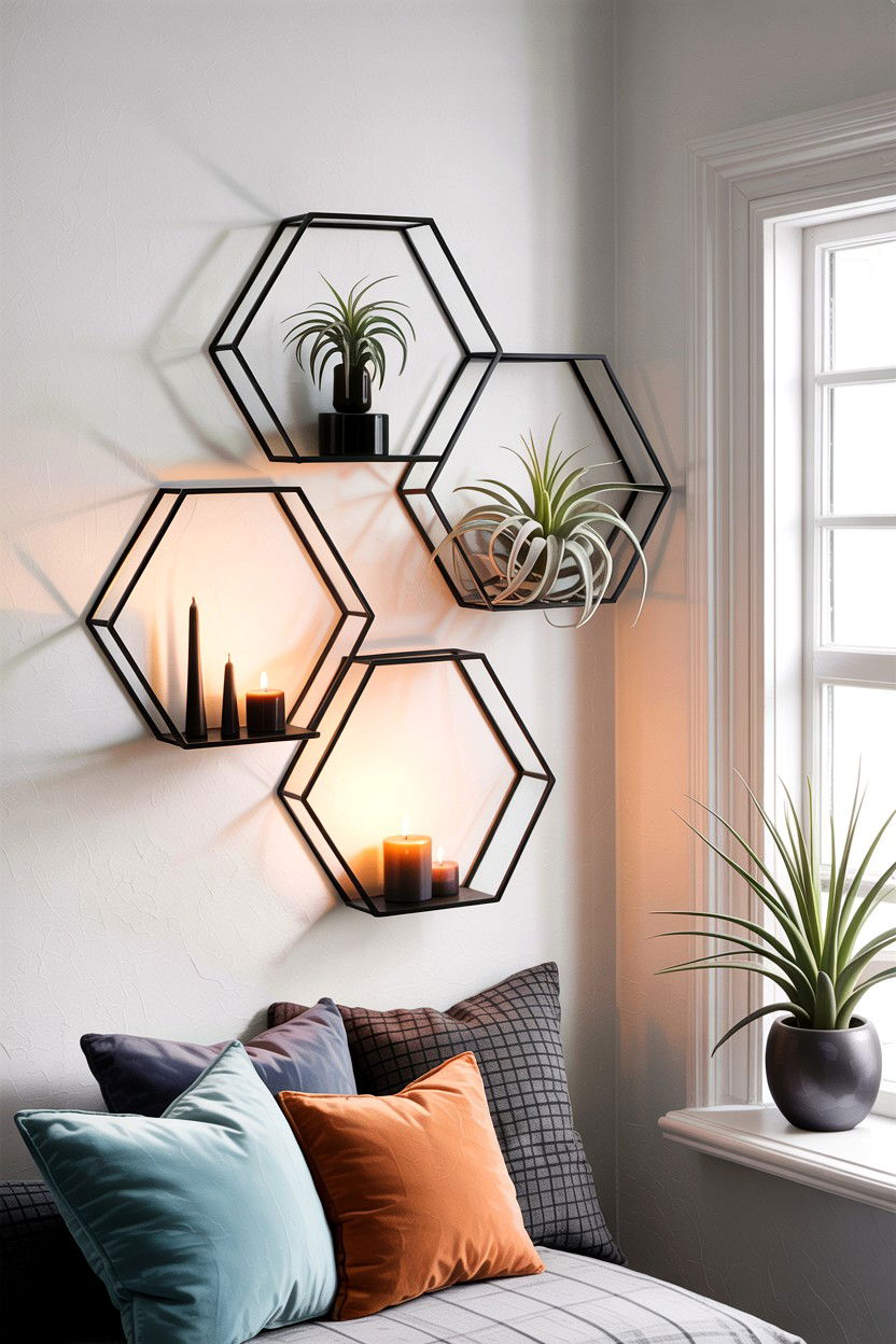 Geometric corner wall shelf - 30 living room corner shelf ideas