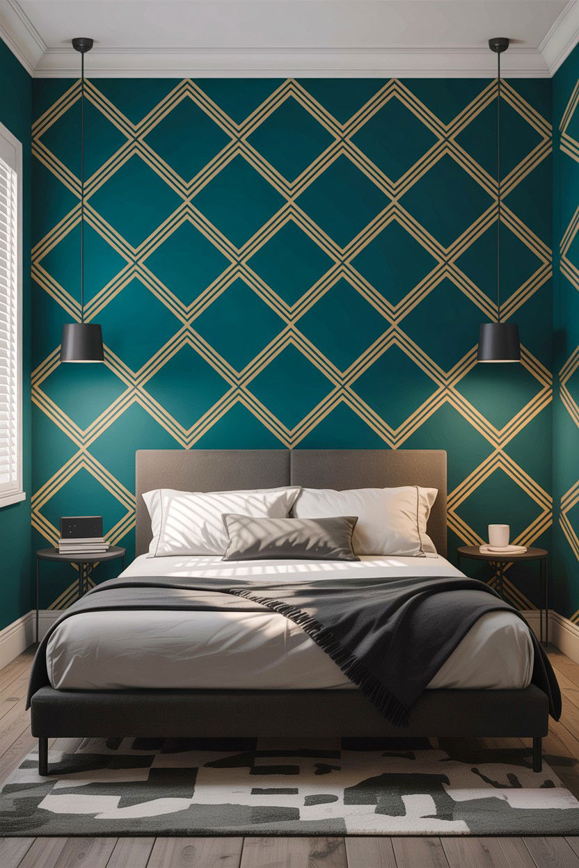 Geometric teal wallpaper - 30 teal bedroom decor ideas