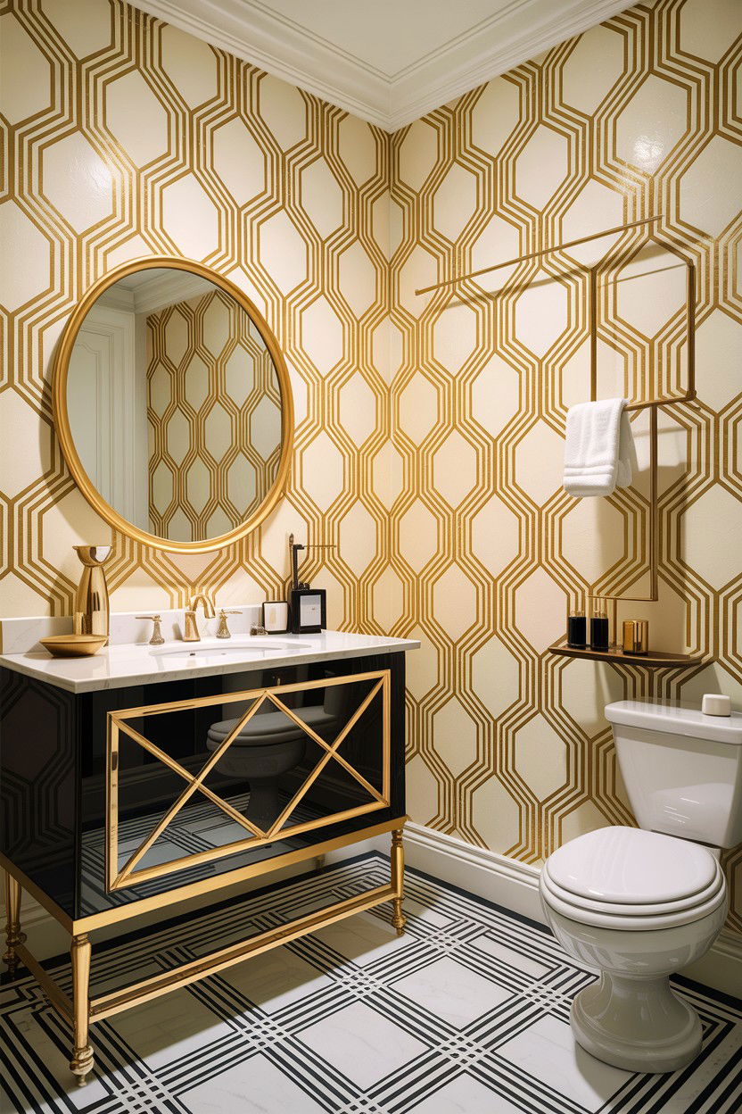 Geometric wallpaper bathroom - 30 Hollywood regency bathroom ideas