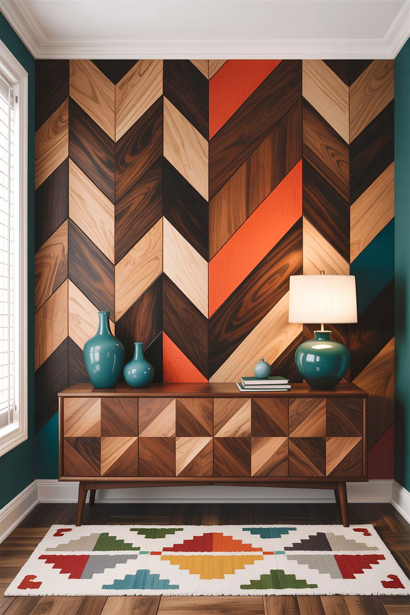 Geometric wood pattern - 30 living room accent wall ideas