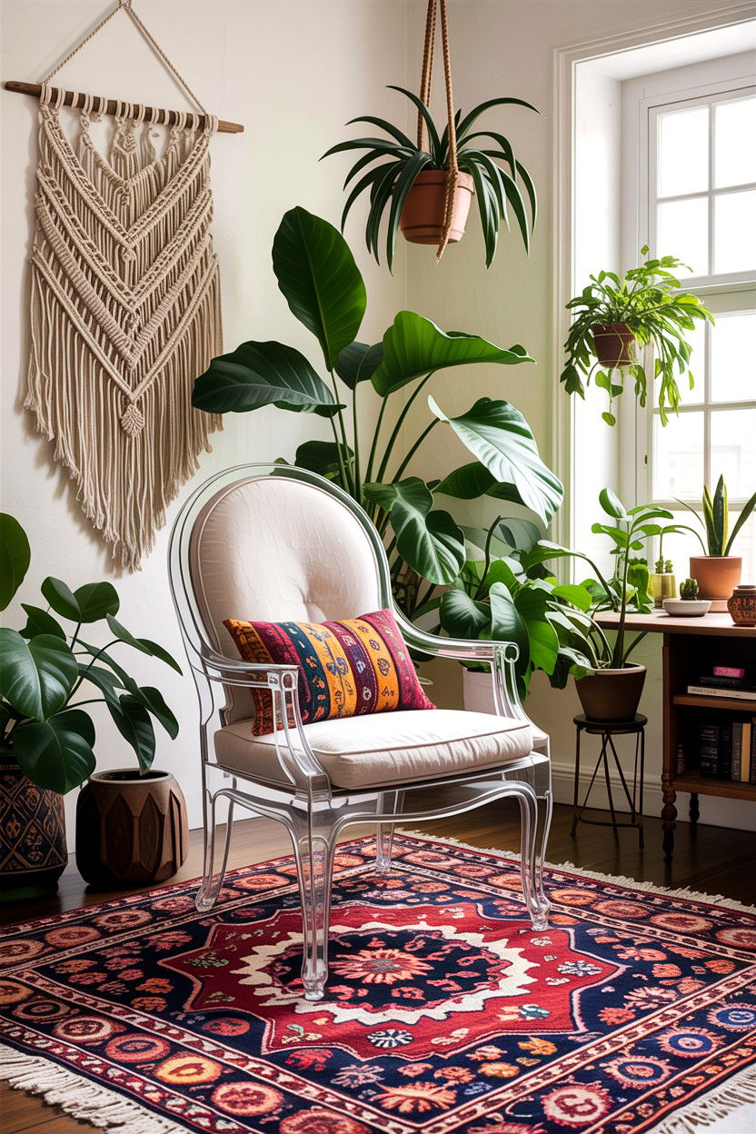 Ghost chair in bohemian living room - 30 living room ghost chair ideas