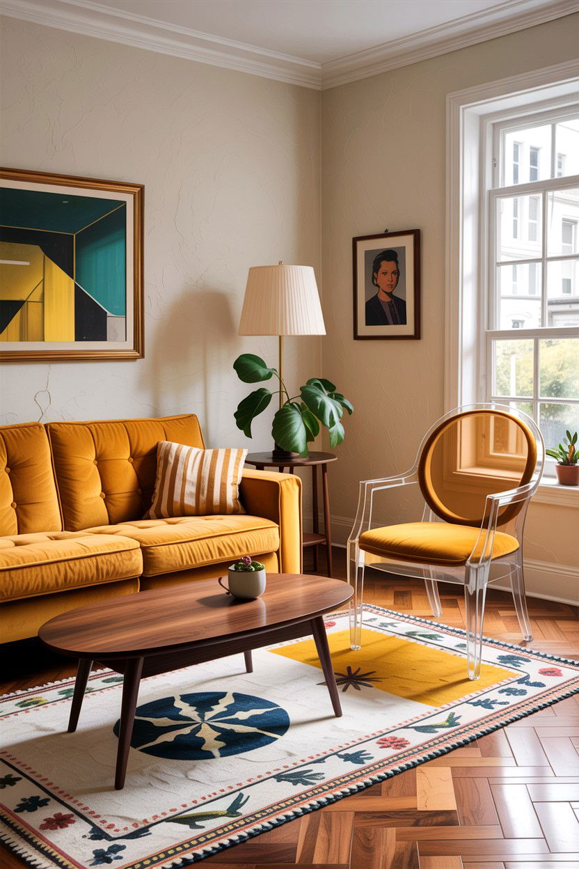 Ghost chair in mid century modern living room - 30 living room ghost chair ideas