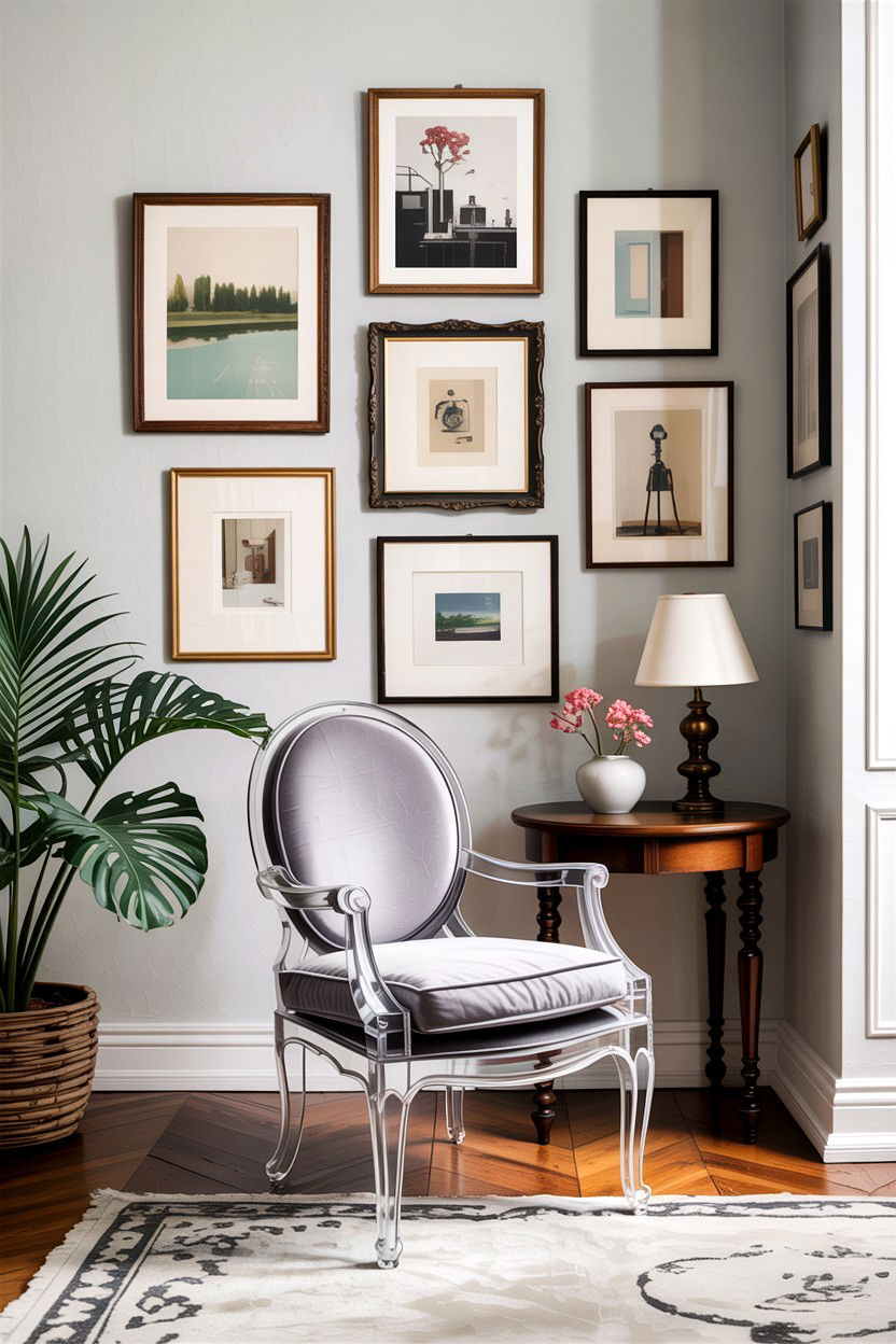 Ghost chair with gallery wall - 30 living room ghost chair ideas