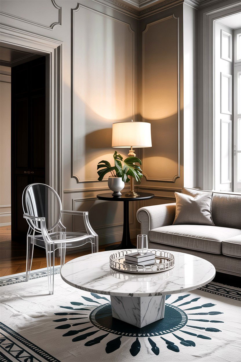 Ghost chair with marble coffee table - 30 living room ghost chair ideas