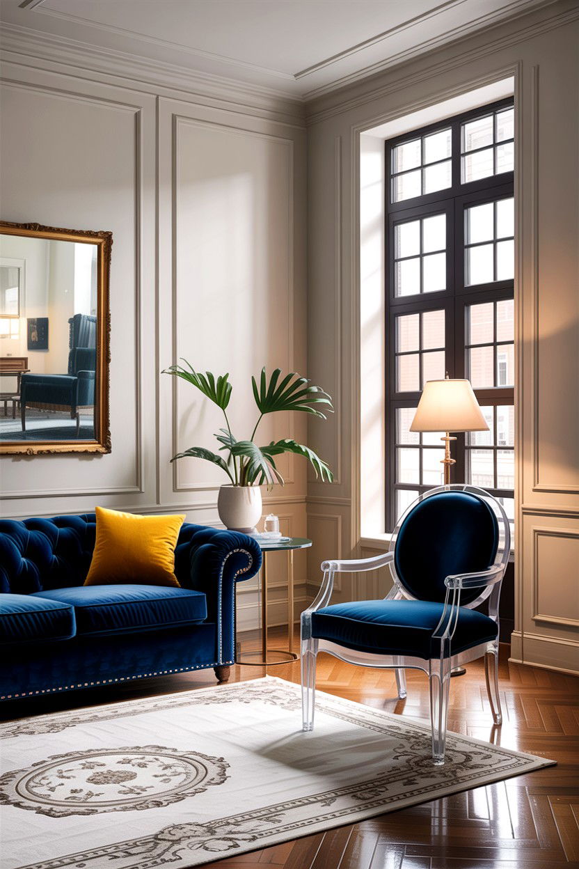 Ghost chair with velvet sofa - 30 living room ghost chair ideas