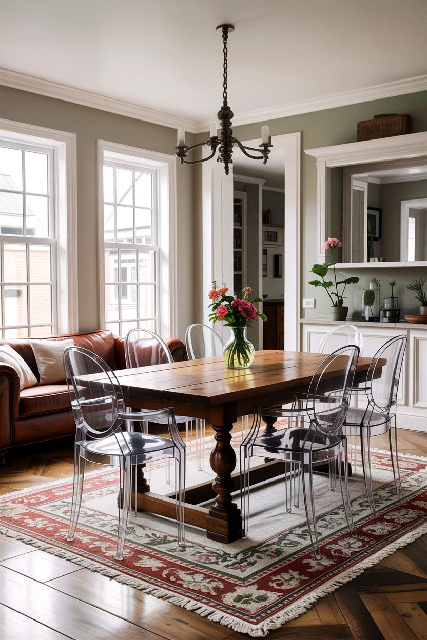 Ghost chair with wooden dining table - 30 living room ghost chair ideas