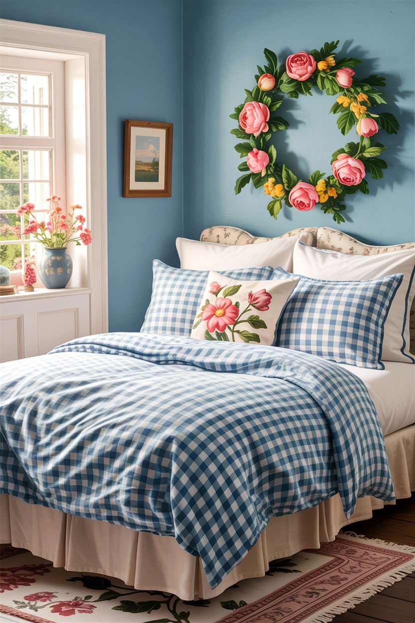 Gingham Pattern Bed Sheets - 30 cottage core bedroom ideas