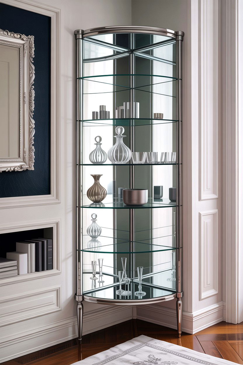 Glass corner shelving unit - 30 living room corner shelf ideas