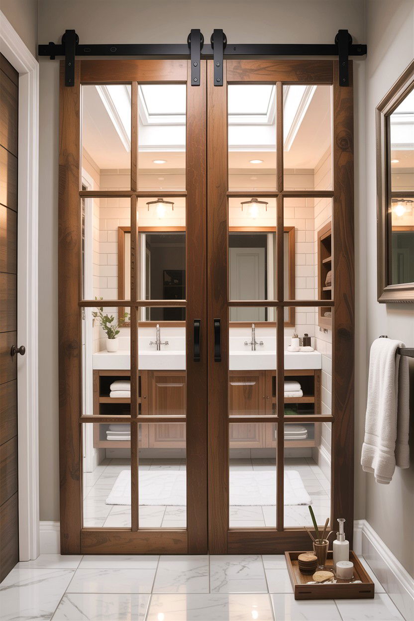 Glass panel barn door - 30 bathroom barn door ideas