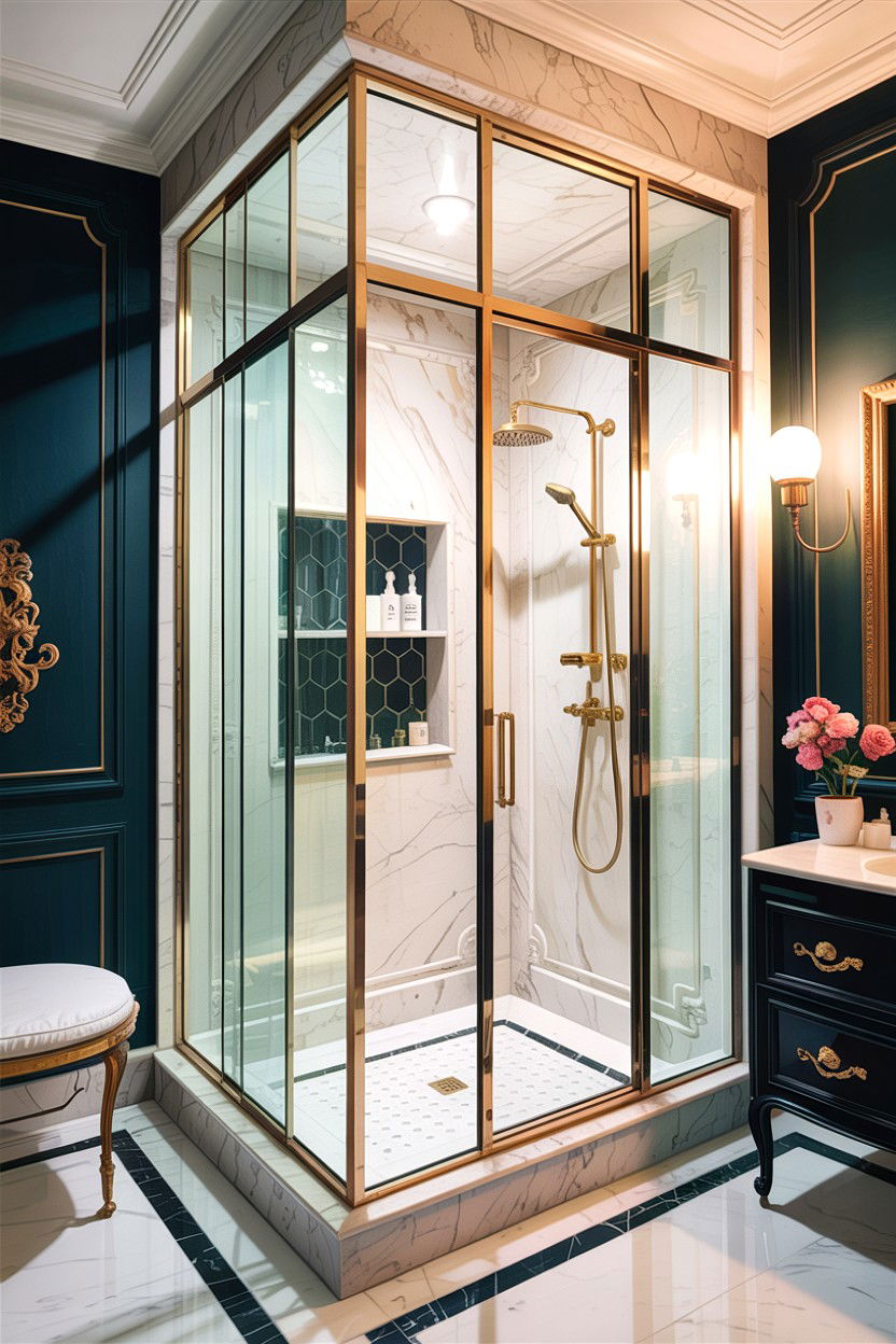 Glass walk in shower - 30 Hollywood regency bathroom ideas