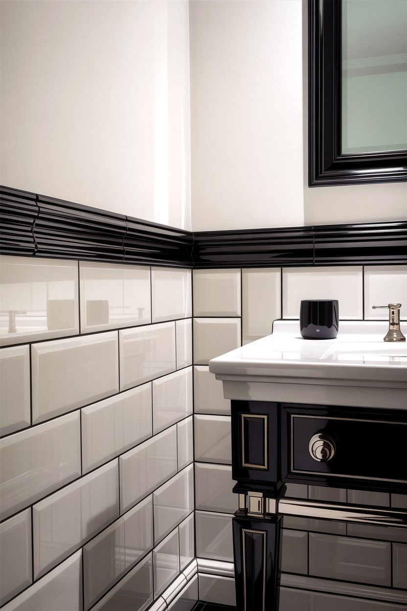 Glossy Black Tile Rail - 30 bathroom chair rail ideas