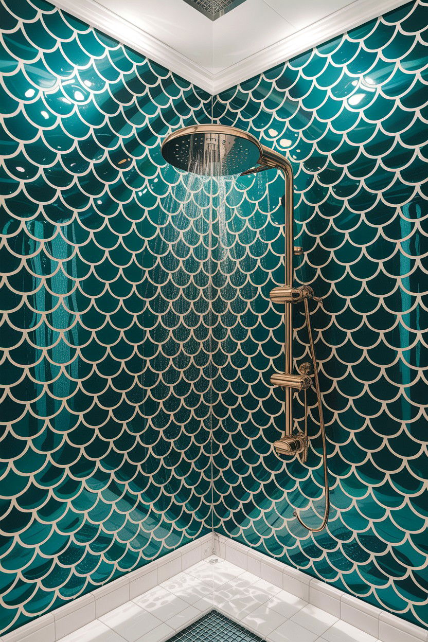 Glossy mermaid tile finish - 30 fish scale tile bathroom ideas