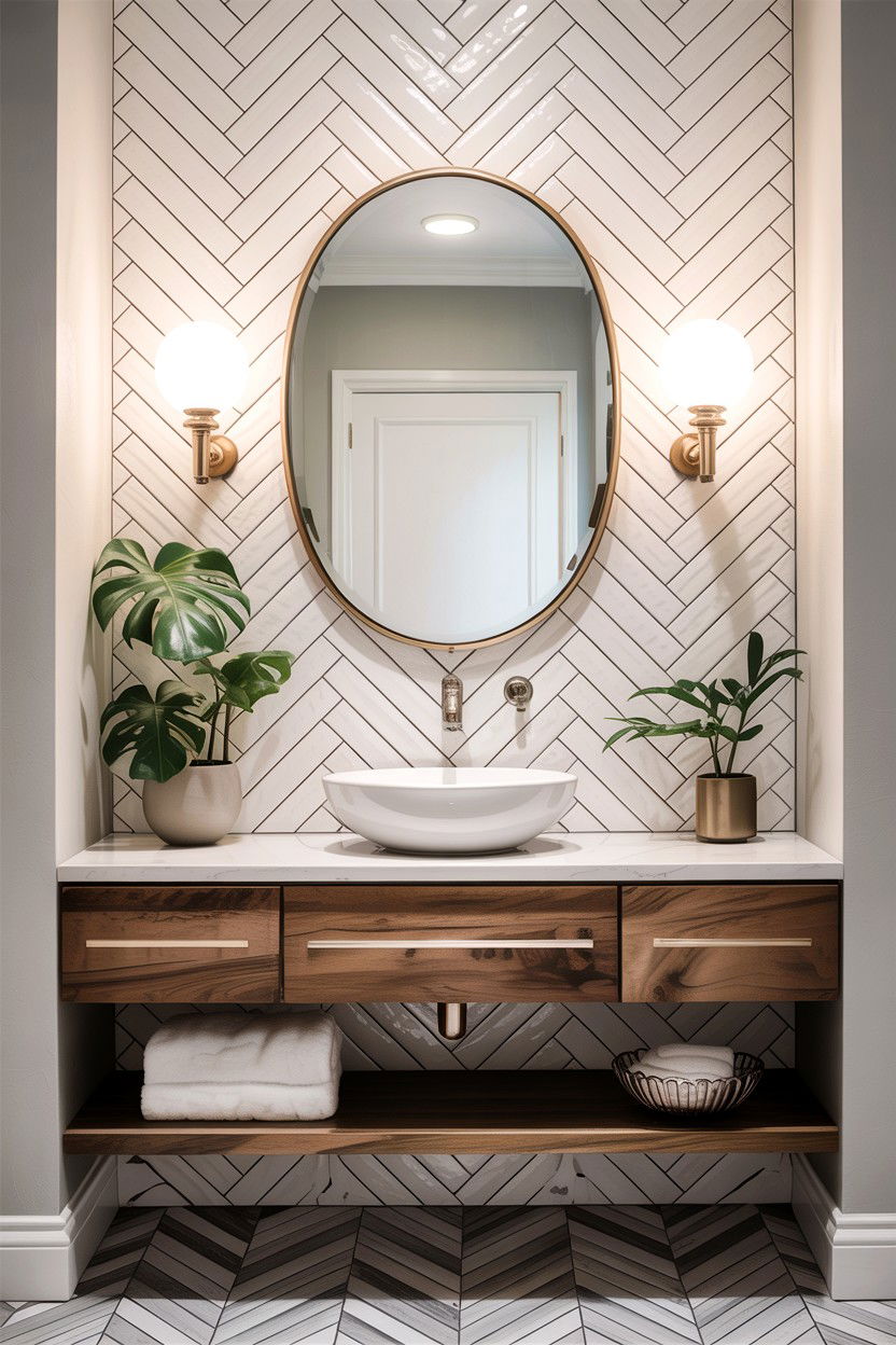 Glossy white herringbone backsplash - 30 herringbone pattern bathroom ideas