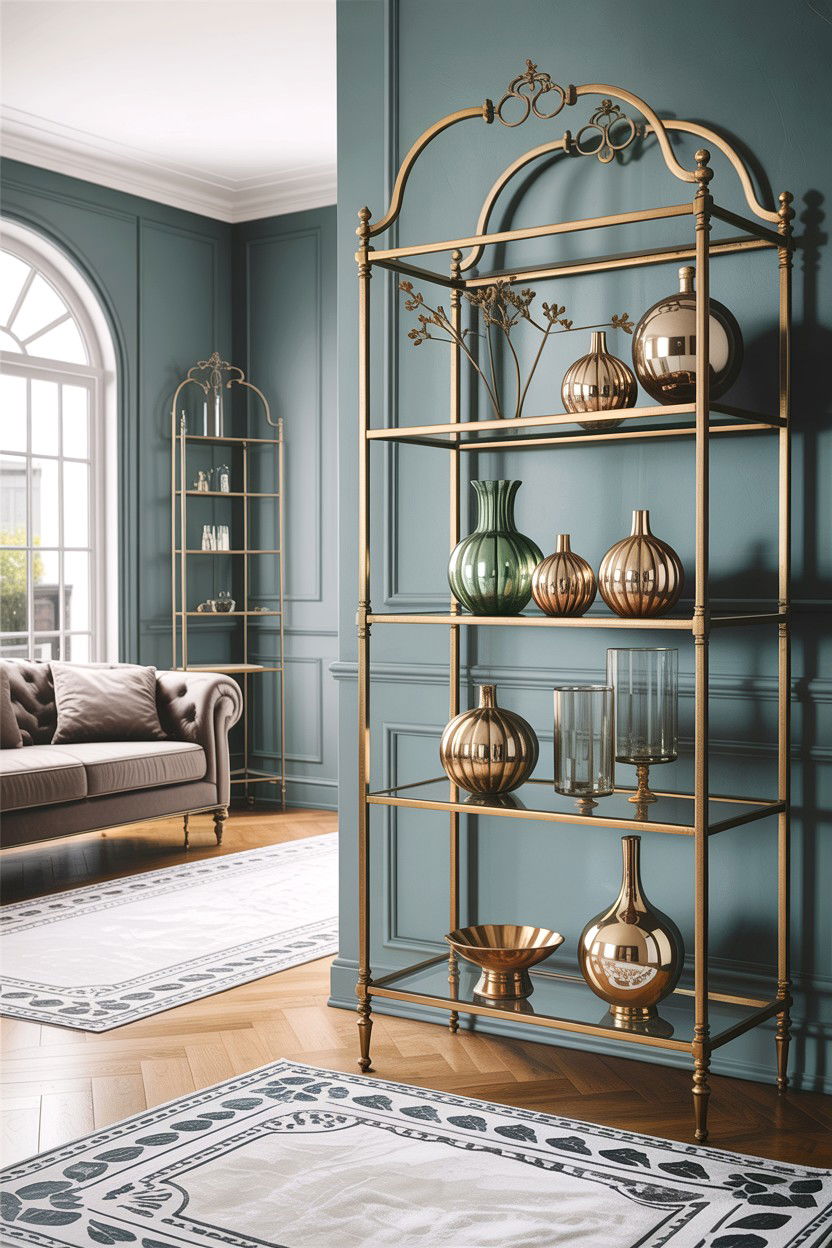 Gold Etagere - 30 living room gold furniture ideas
