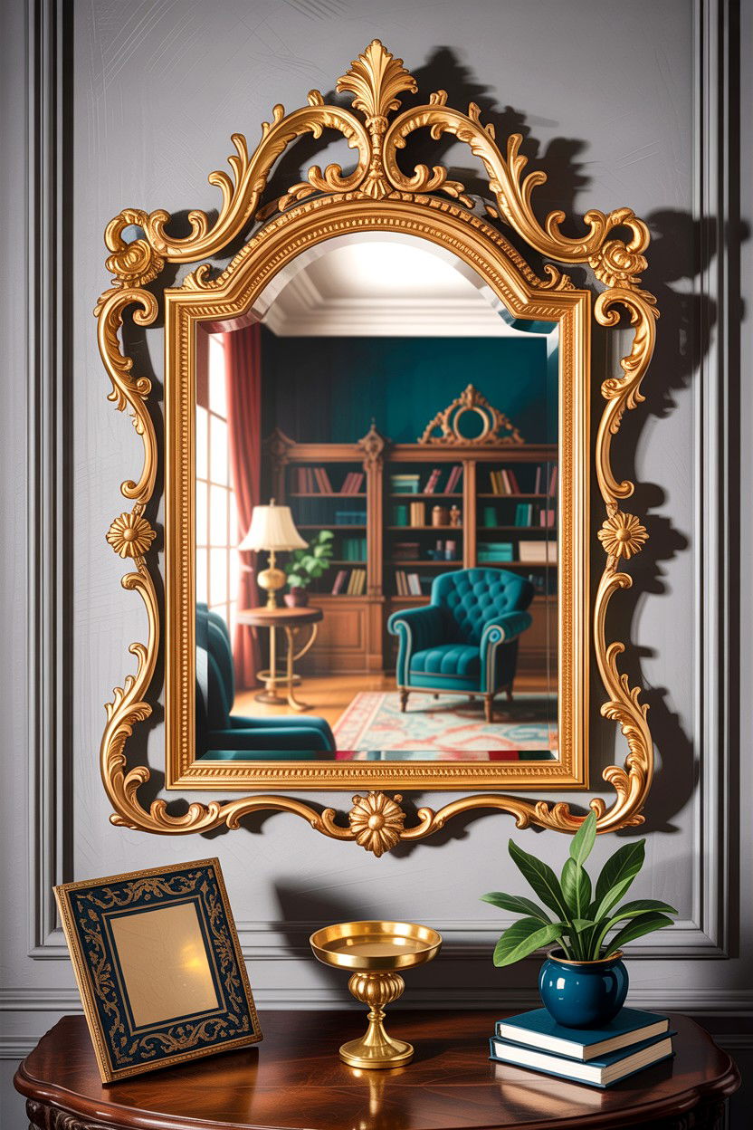 Gold Ornate Wall Mirror - 30 dark academia living room ideas