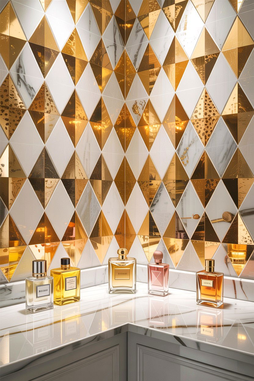 Gold and white diamond mosaic - 30 diamond tile bathroom ideas