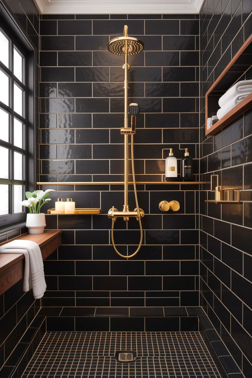 Gold fixtures black tile - 30 high contrast bathroom ideas