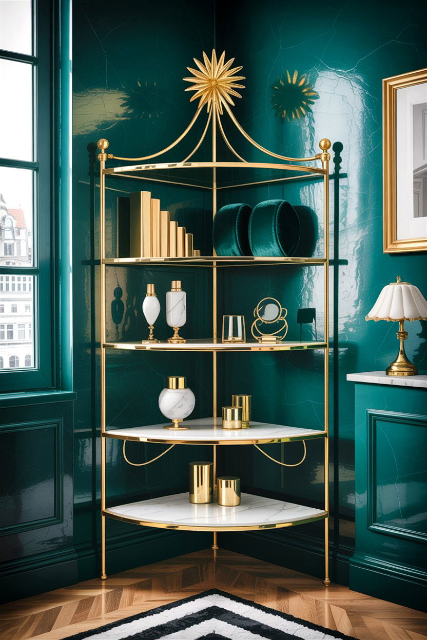 Gold frame corner shelf - 30 living room corner shelf ideas