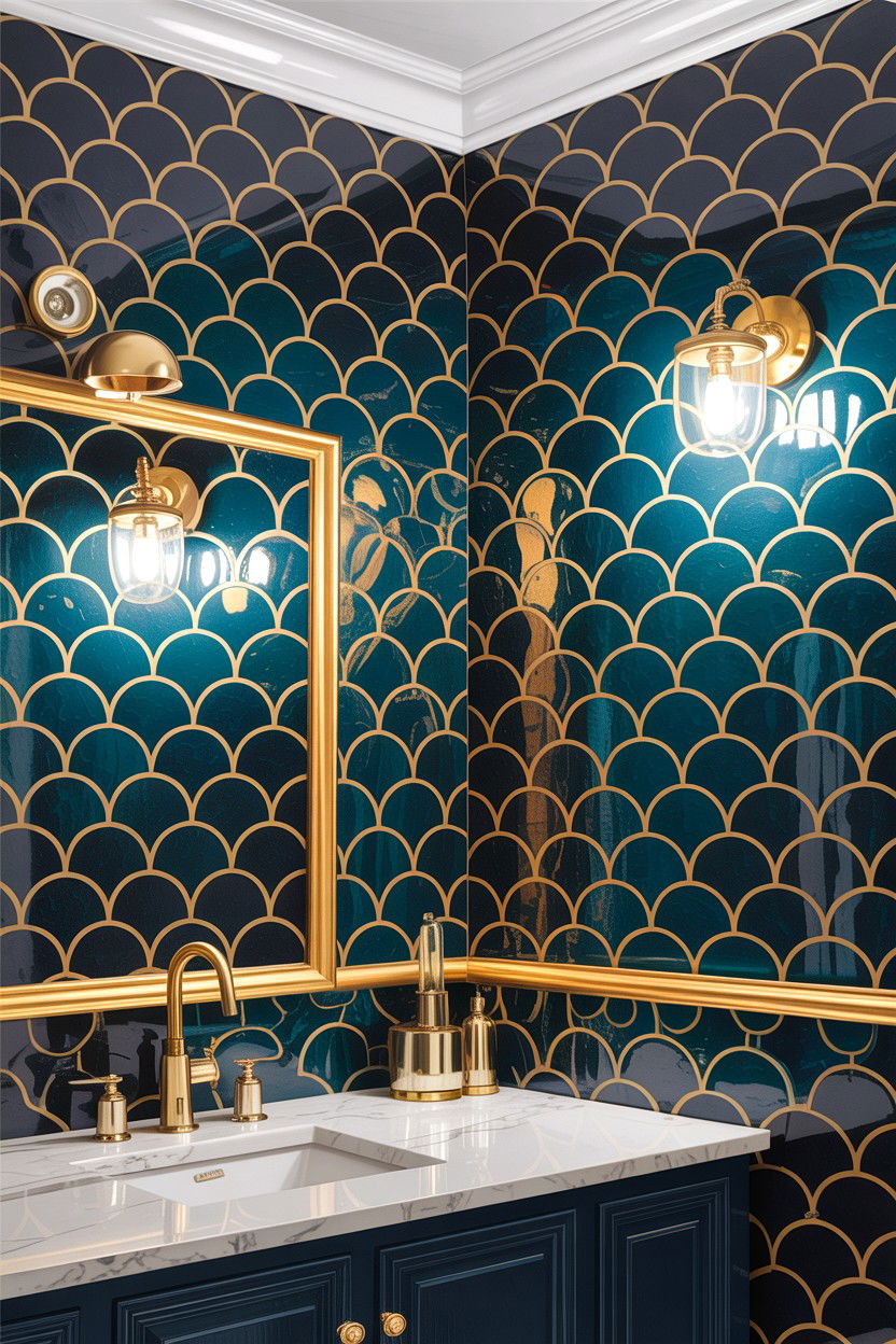 Gold grout fish scale tile - 30 fish scale tile bathroom ideas