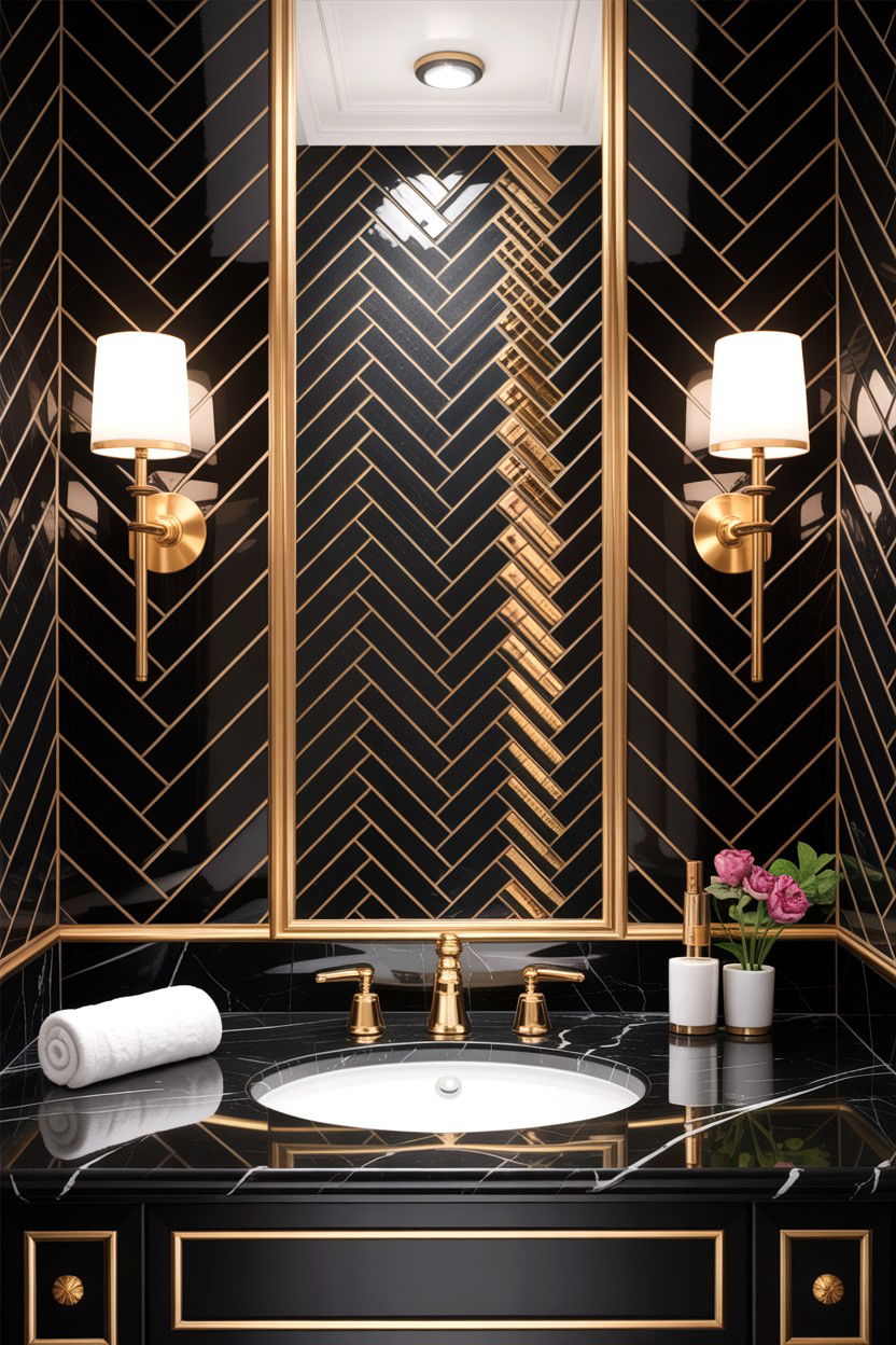 Gold grout herringbone tile - 30 herringbone pattern bathroom ideas