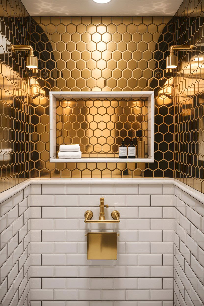 Gold hexagon tile bathroom accents - 30 honeycomb tile bathroom ideas