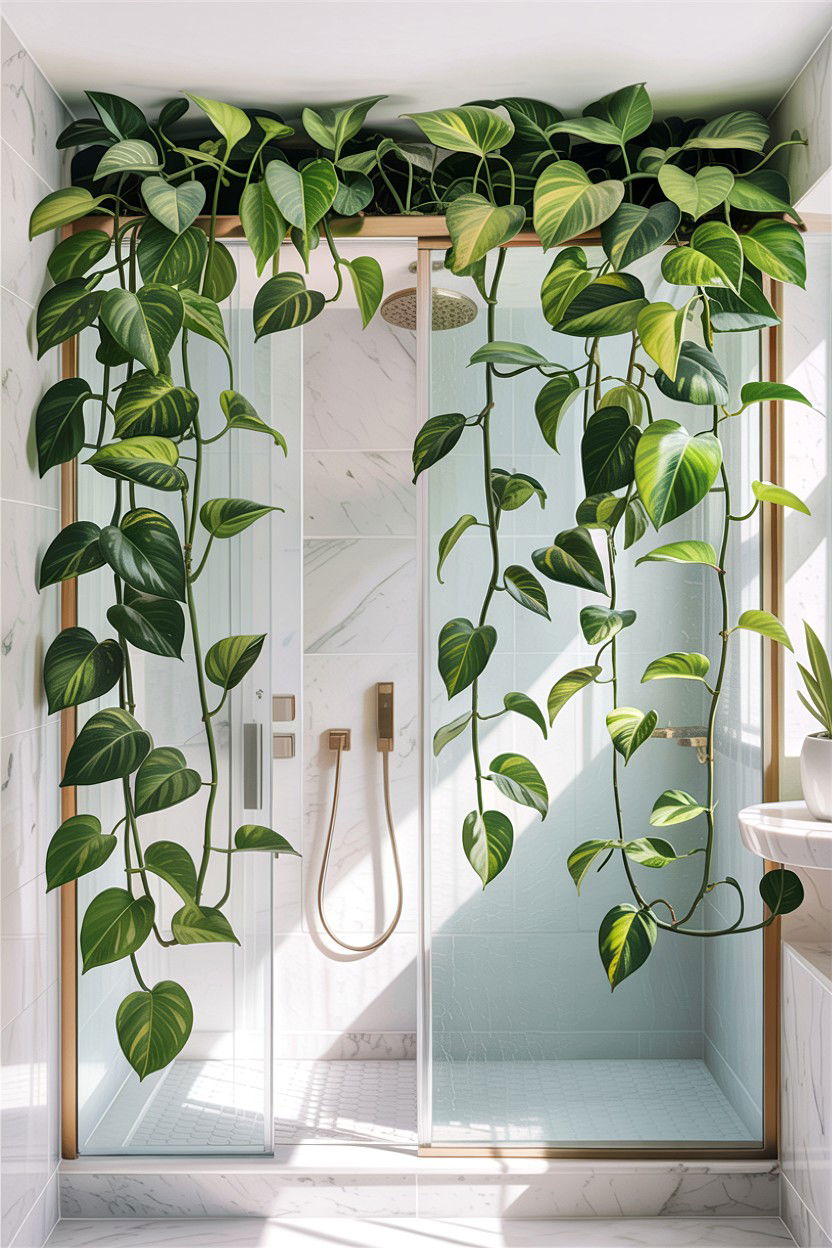 Golden pothos shower - 30 hanging plants for bathroom ideas